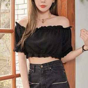 Dazy Shein Solid Black Frilly Cropped Bardot Casual Summer Top size S (0)